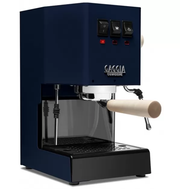 Gaggia Classic Evo Pro Espresso Machine in Classic Blue with Tiger Maple
